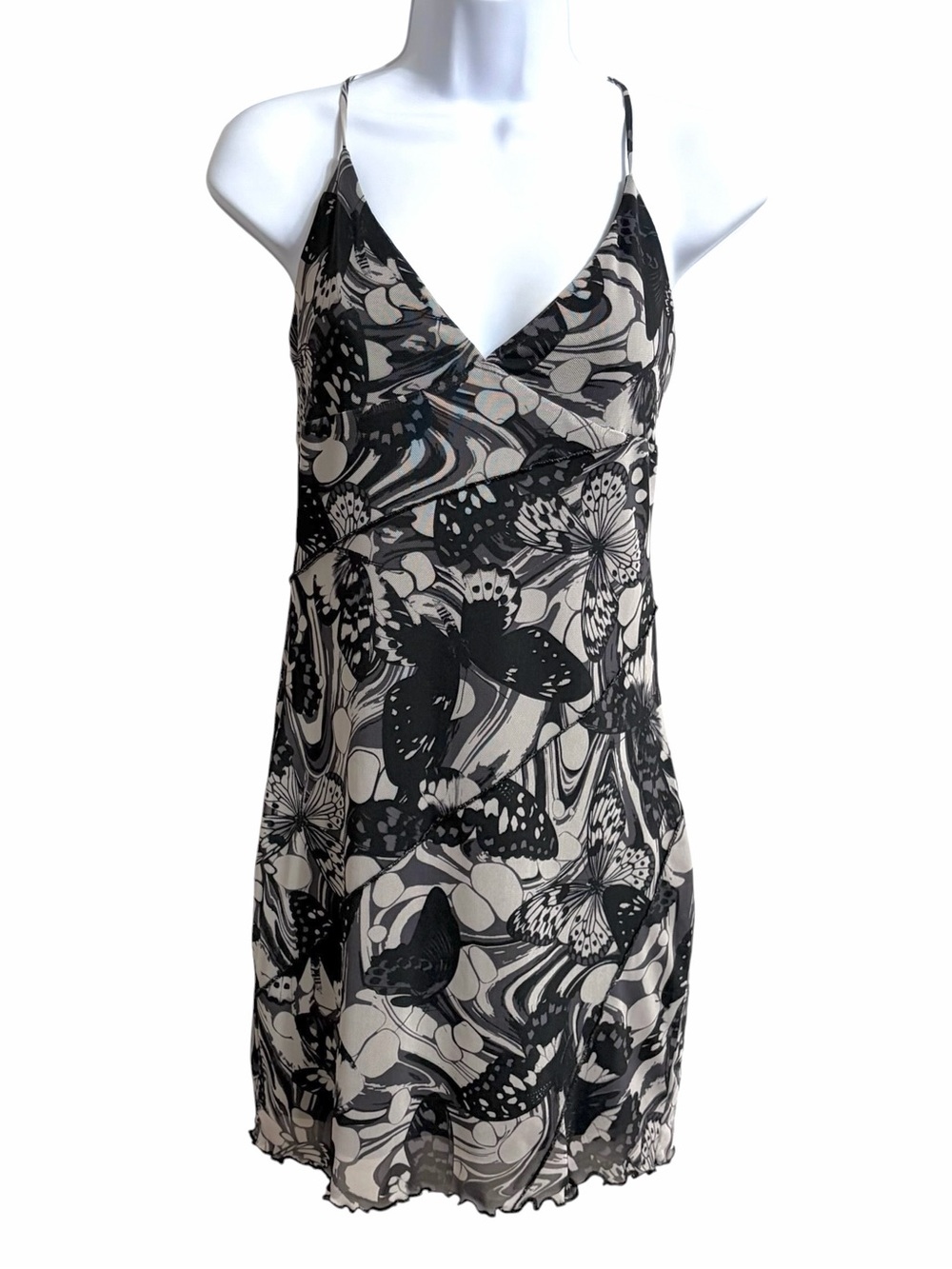 Garage Y2K Mesh Butterfly Babydoll Mini Dress M Asymmetric Lettuce Hem Boho